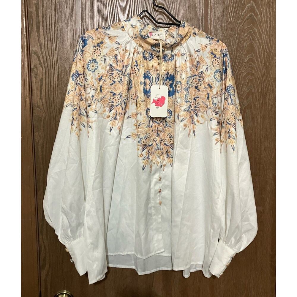 L'ATISTE by Amy Button 1X Mandarin Collar Satin Printed Dress Blouse Brand New - Picture 16 of 16